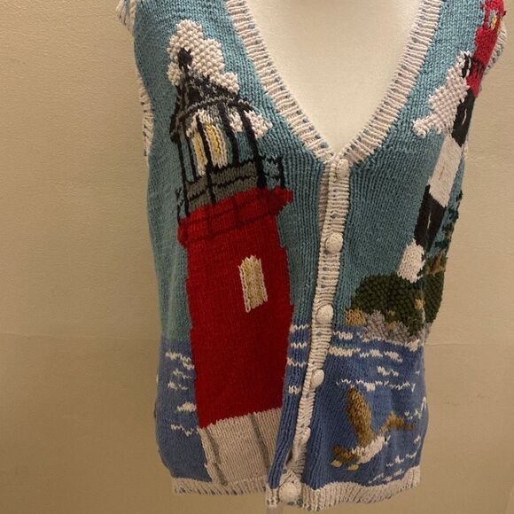 Eagle's Eye Vintage Lighthouse Coastal Themed Cardigan Sweater Vest Womens Sz L - Picture 5 of 16
